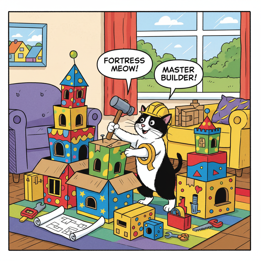 Bucky in an elaborate box fort