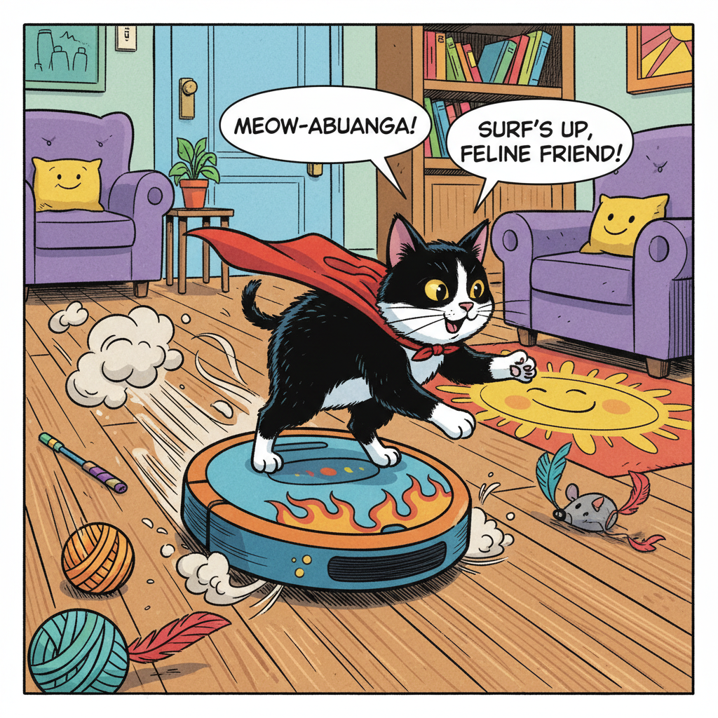 Bucky riding the Roomba around the house