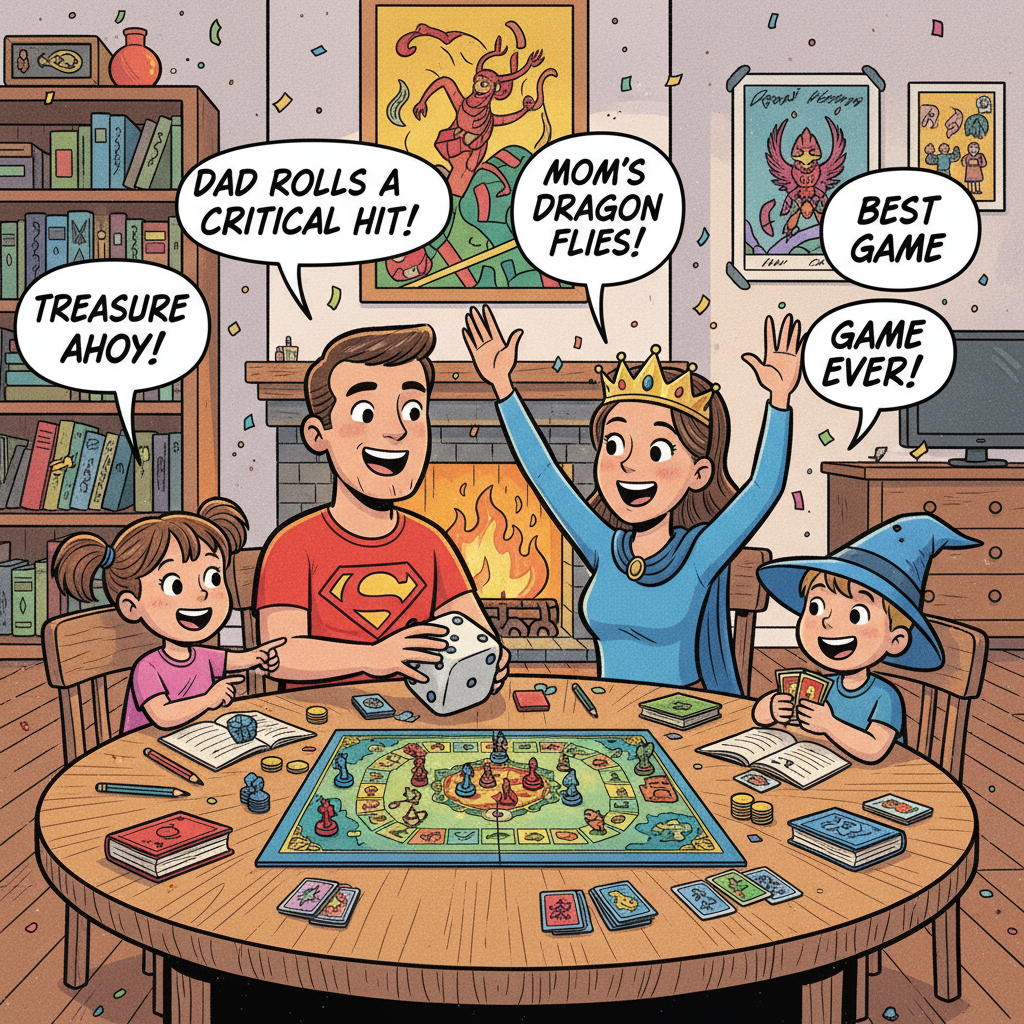 Family playing board games together happily