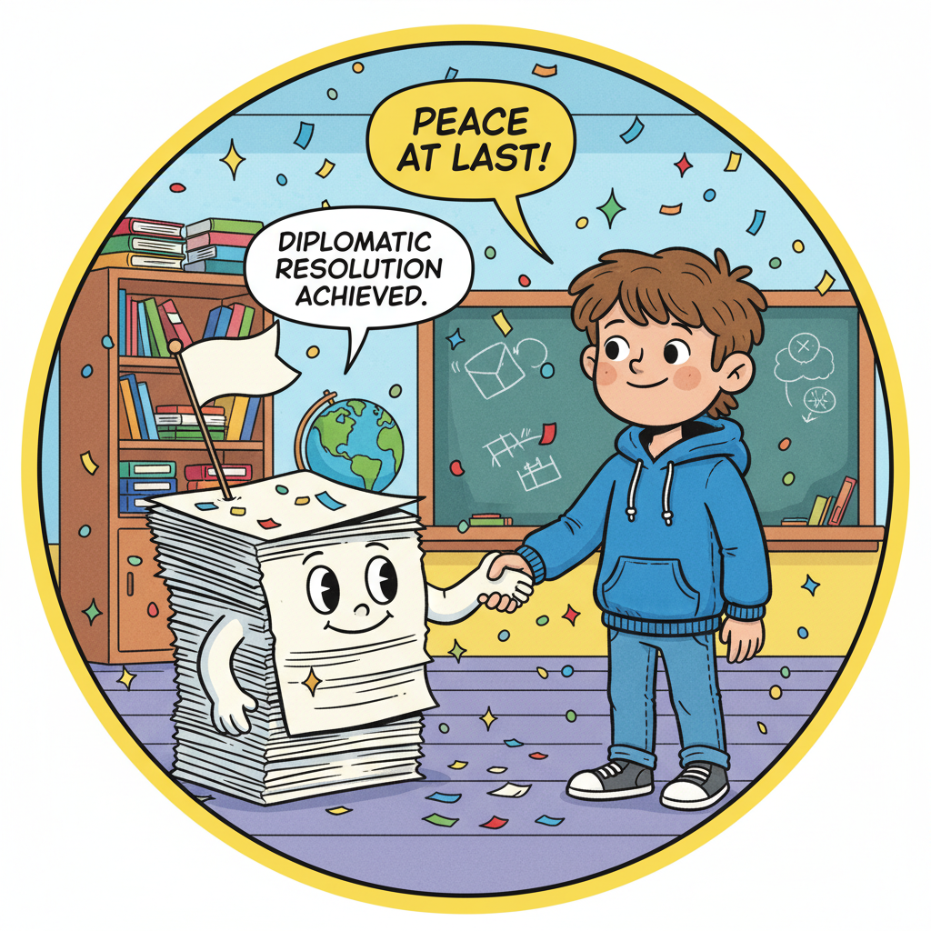 Oliver shaking hands with his homework