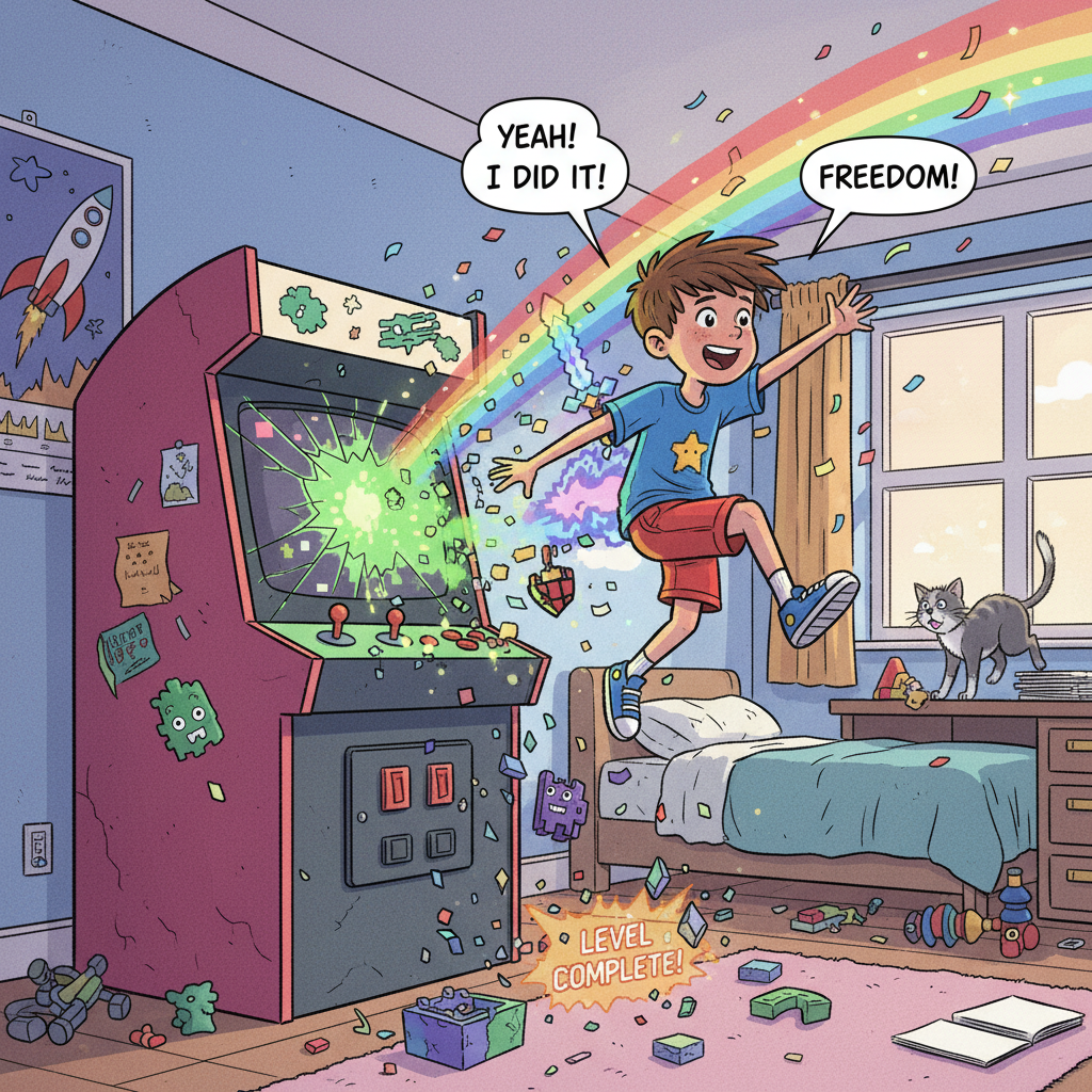 Oliver escaping back through the screen