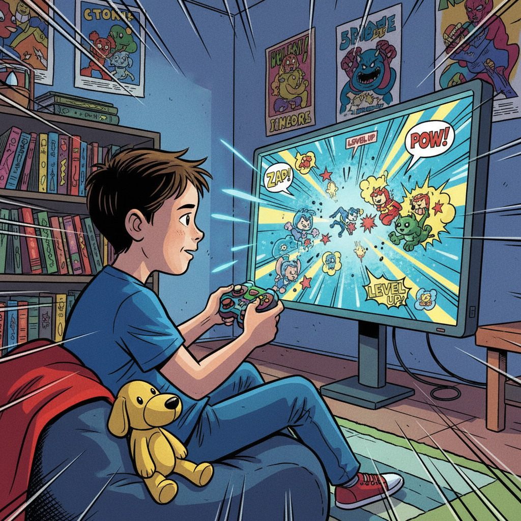 Oliver playing video games intensely