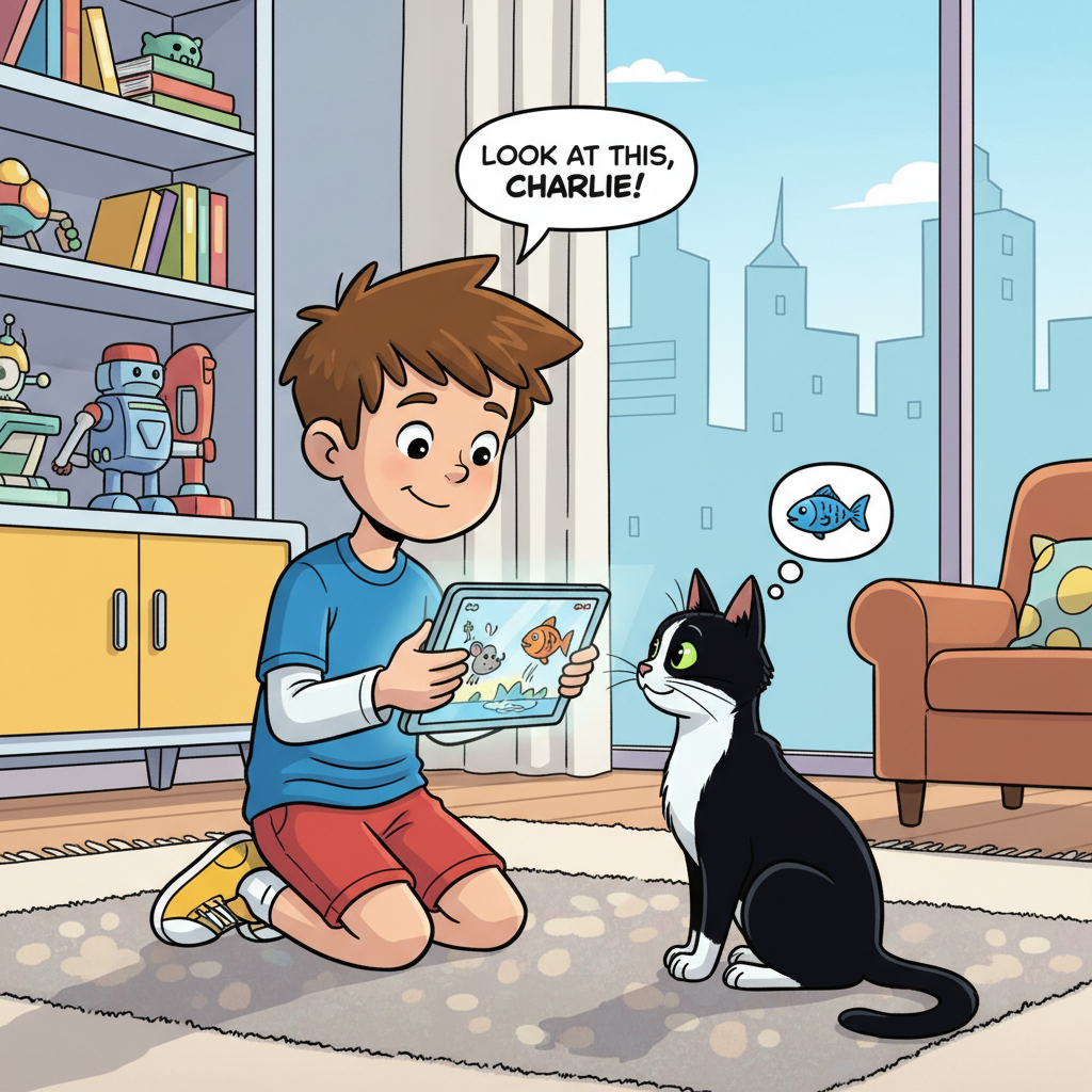 Oliver showing tablet to Bucky